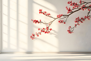 Cherry blossom branch casting shadow in minimalist room, an Architecture Photo by Photostock