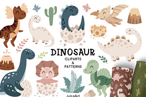 Dinosaur clipart & pattern, an Animal Illustration by JulzaArt