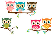 Cute owls with branches clip art, an Illustration by Pravokrugulnik (Thumbnail 1 of 2)