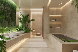 Serene spa interior showcasing natur, a Photo by Tanuart