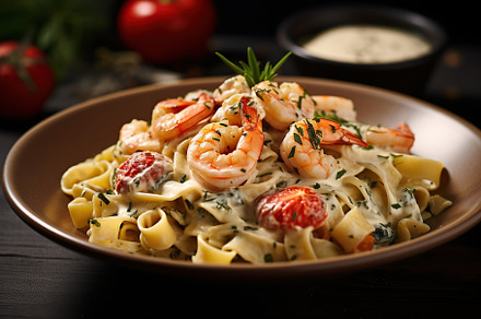 Italian pasta with creamy sauce and shrimp on plate. Generative aI, a Food & Drink Photo by AlyaAnd