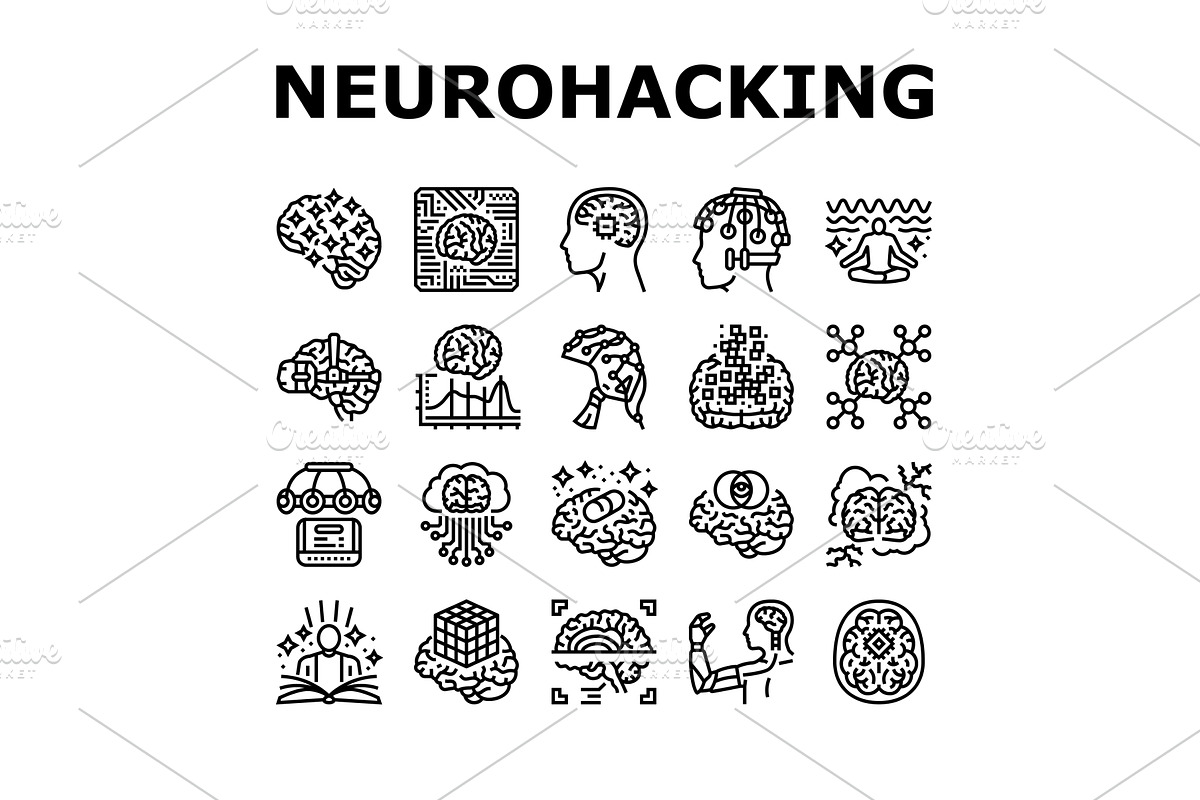 neurohacking neuroplasticity icons, an Object Illustration by pikepicture
