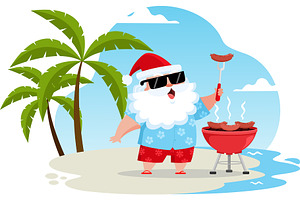 Summer Santa Claus Grilling Sausages, an Illustration by HitToon