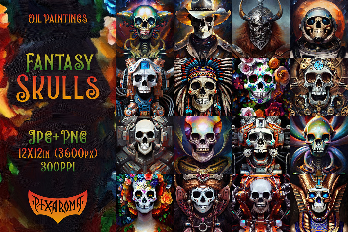 Skulls Bundle - Oil Paintings, an Illustration by pixaroma (Photo 1 of 15)