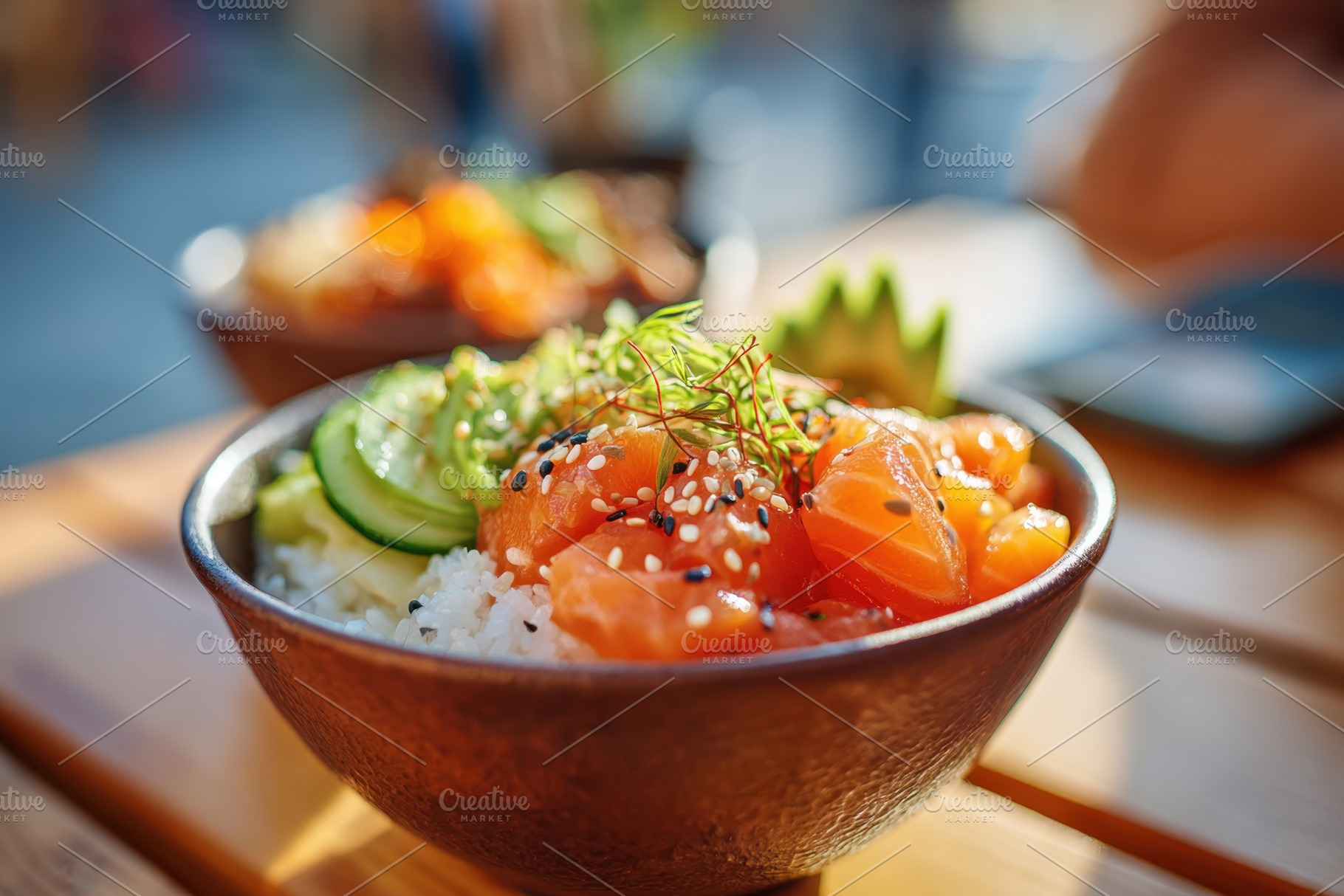 Salmon sashimi bowl with rice and vegetables, a Food & Drink Photo by AlyaAnd