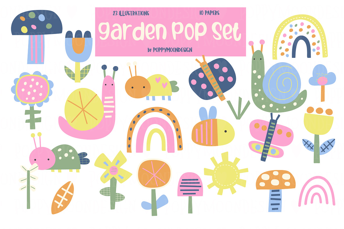 Garden pop clipart & paper set, a Seasonal Illustration by Poppymoondesign (Photo 1 of 5)