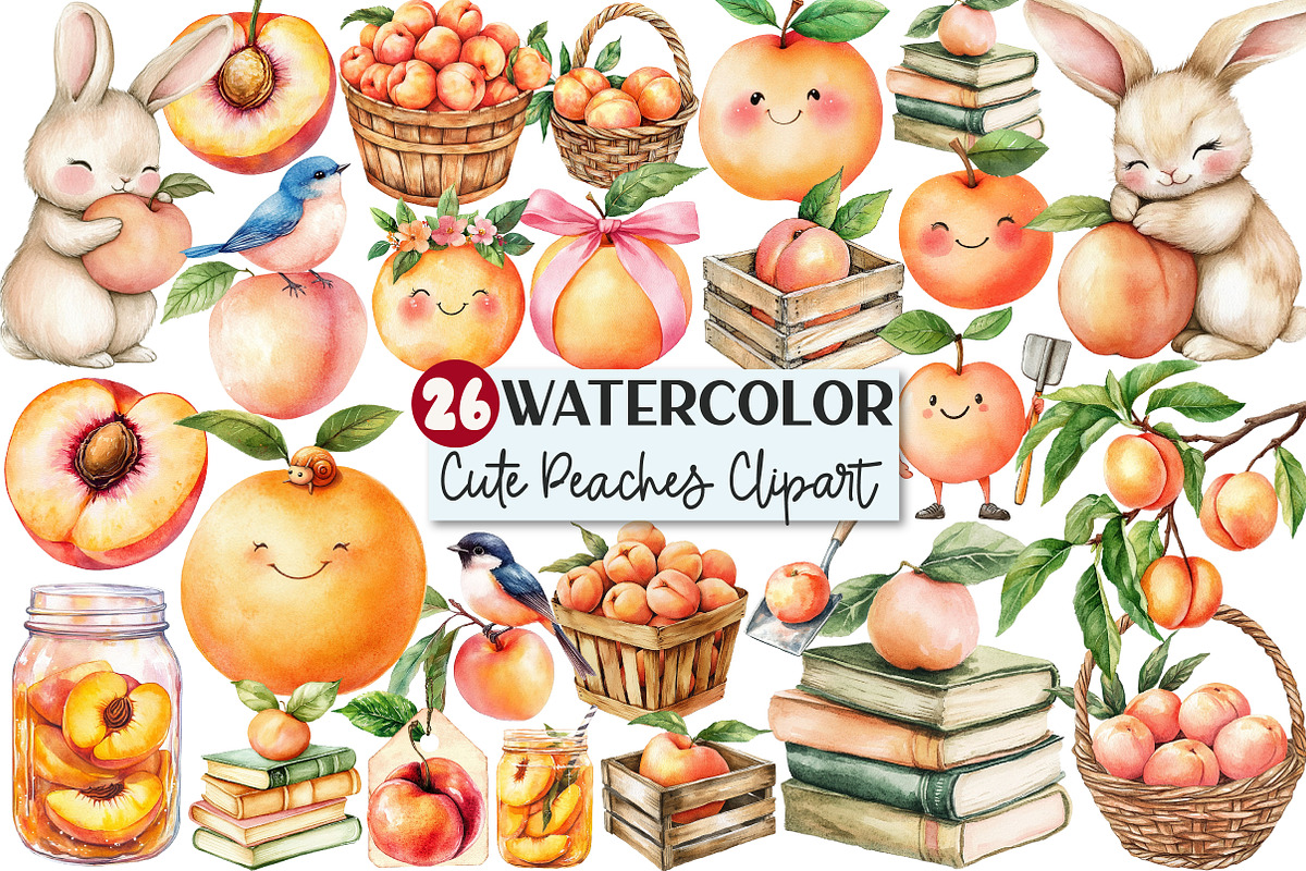 Watercolor Cute Peaches Garden Fruit, an Illustration by Rose Art (Photo 1 of 7)