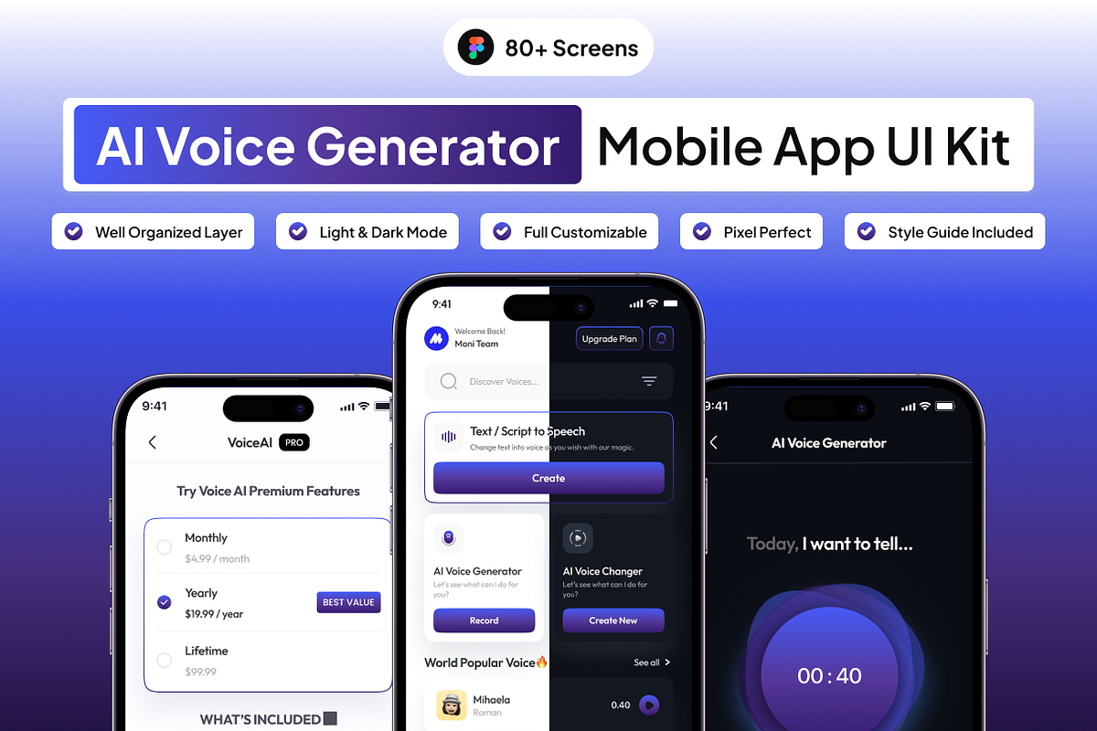 AI Voice Generator Mobile App UI Kit, an UI Kit Template by Moni Studio (Photo 1 of 5)
