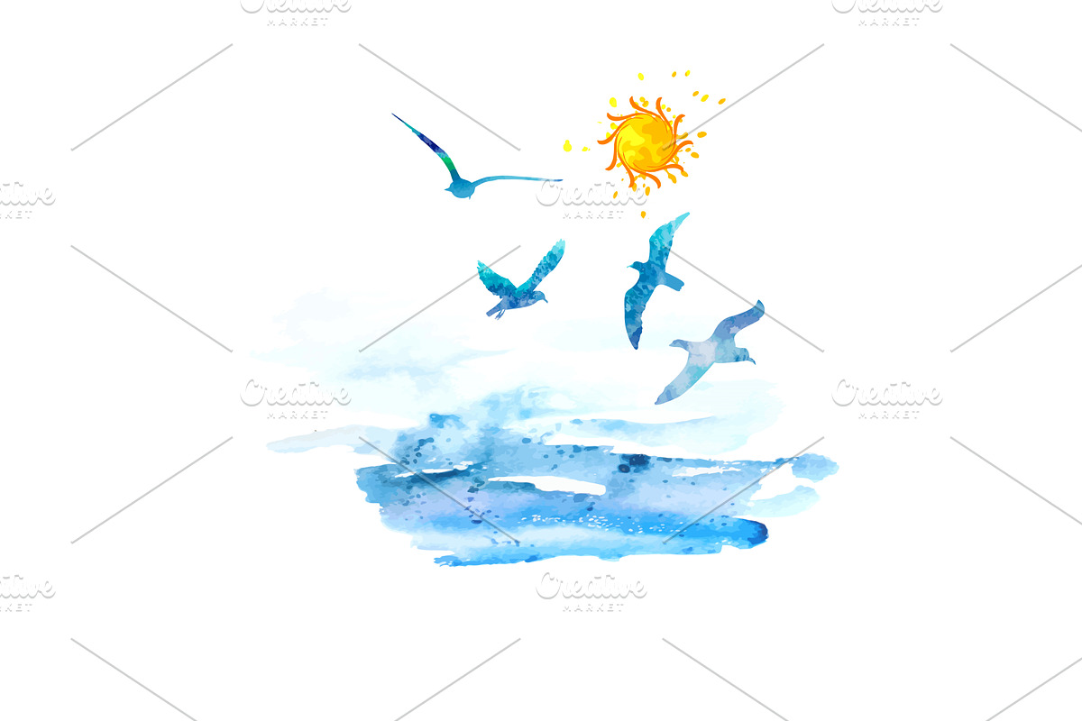 Sun seagulls and sea watercolor, an Illustration by Nenahliadava Design