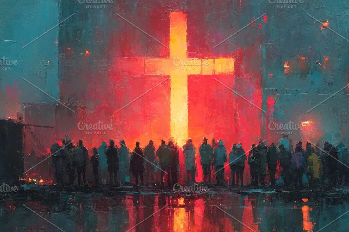 Silhouetted crowd facing glowing white cross against colorful ur, an Illustration by José Manuel Gelpi