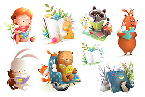 Animals Characters Reading Books Set, an Education Illustration by Popmarleo Shop