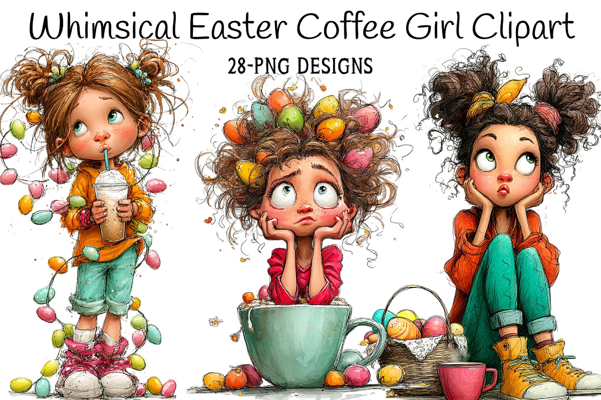 Whimsical Easter Coffee Girl Clipart, an Illustration by Daily.Designs (Photo 1 of 7)