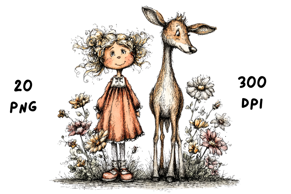 Whimsical Floral Girl & Deer Clipart, an Animal Illustration by GiraffeCreative (Photo 12 of 20)