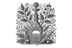 Poison Bottle with Dagger and Herbs, a Food Illustration by AlexArt