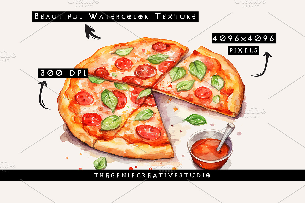 Watercolor PNG Pizza Clipart, a Food Illustration by Geniecreativestudio (Photo 3 of 9)
