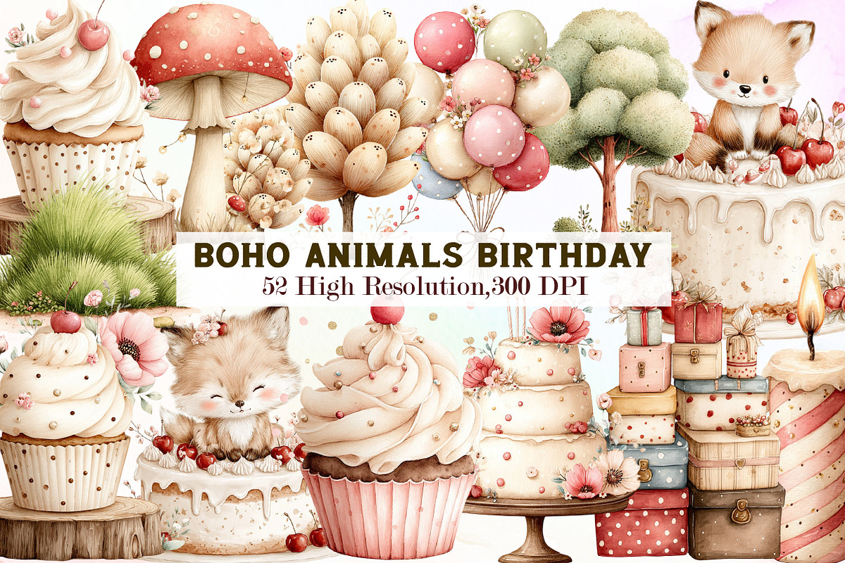 Woodland Boho Animals Birthday Clipa, an Illustration by Sublimation Artist (Photo 1 of 7)