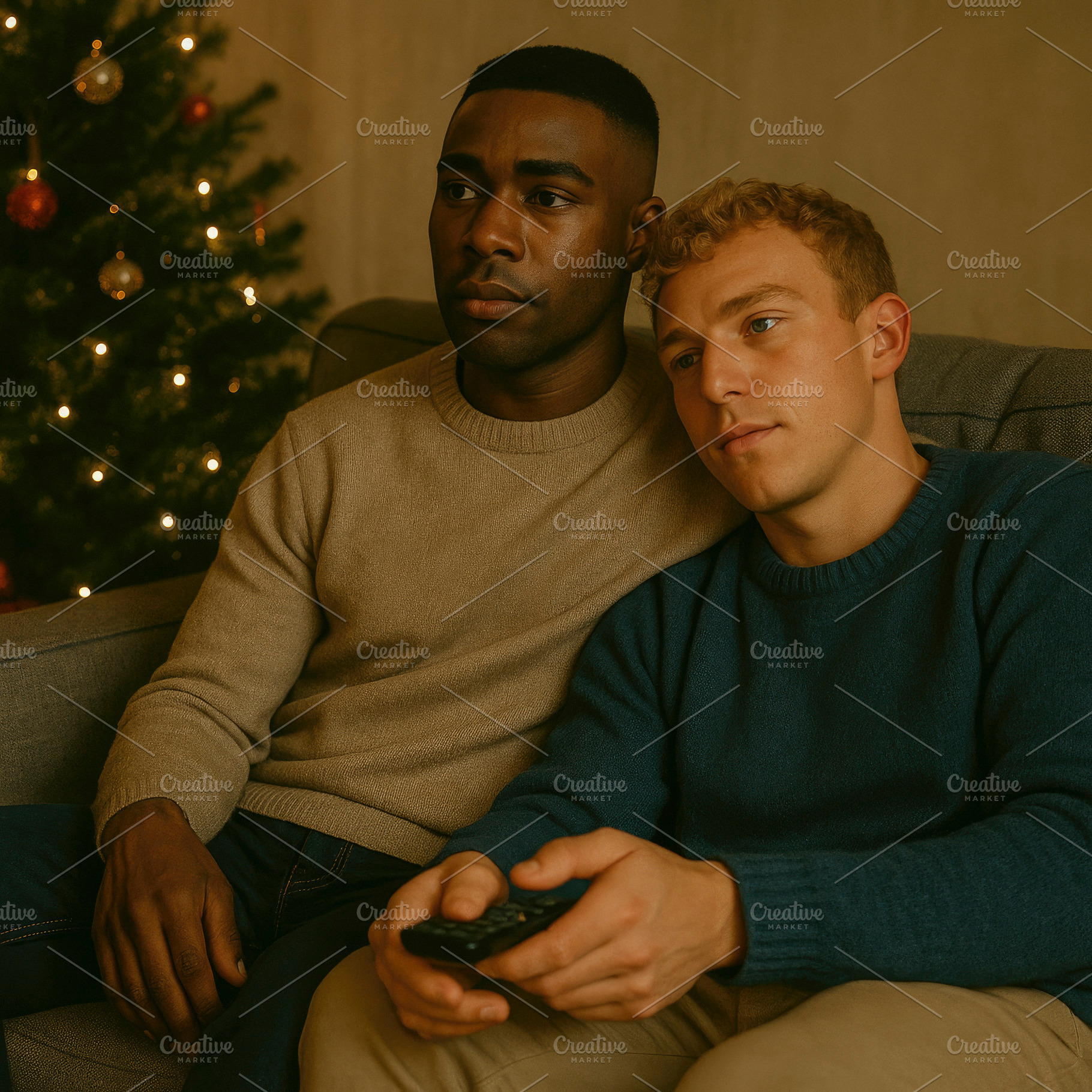 a male couple at home on christmas, generative AI, a Photo by Nito