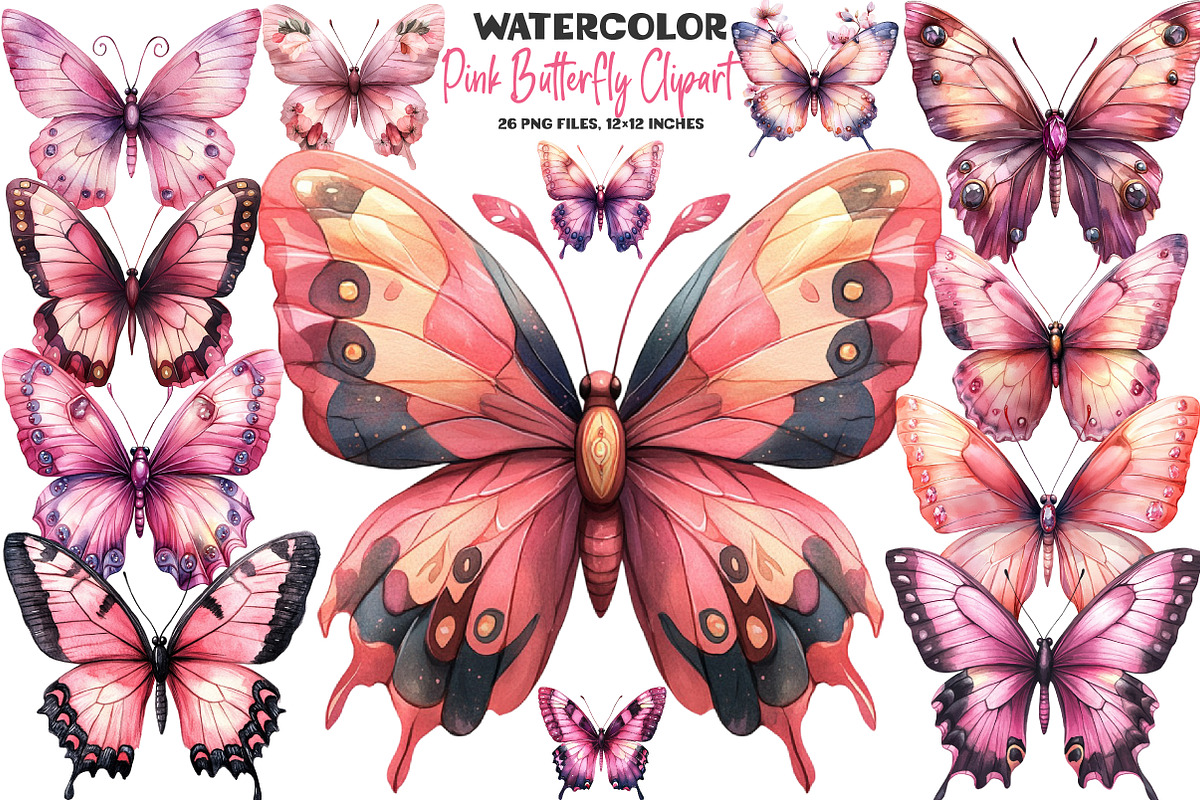Pink Butterfly Clipart, an Illustration by DreamArtGraphic (Photo 1 of 5)