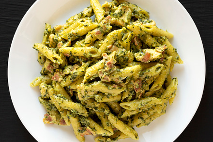 Homemade One-Pot Chicken Spinach Bacon Alfredo Pasta on a plate, a Food & Drink Photo by LiudmylaChuhunova