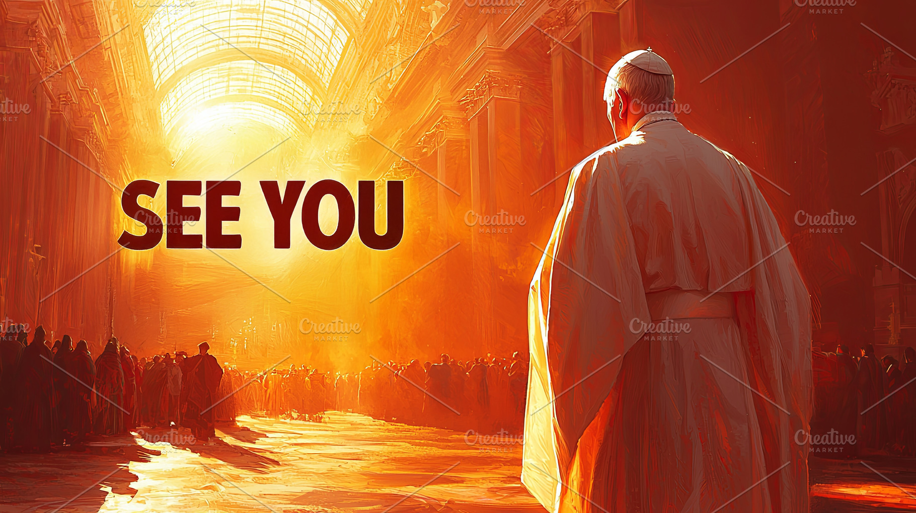 Spiritual leader walking through sunlit cathedral, evoking peace and enlightenm, a Photo by AS photostudio