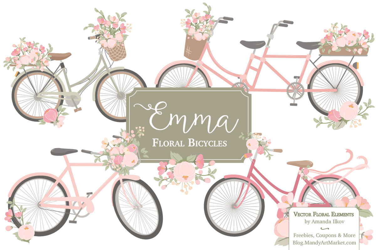 Soft Pink Floral Bicycles Clipart, an Illustration by Amanda Ilkov (Photo 1 of 5)