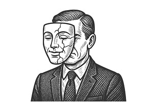 Man wearing cracked mask to hide, a Person Illustration by AlexArt