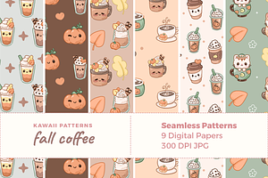 Kawaii Fall Coffee Seamless Patterns