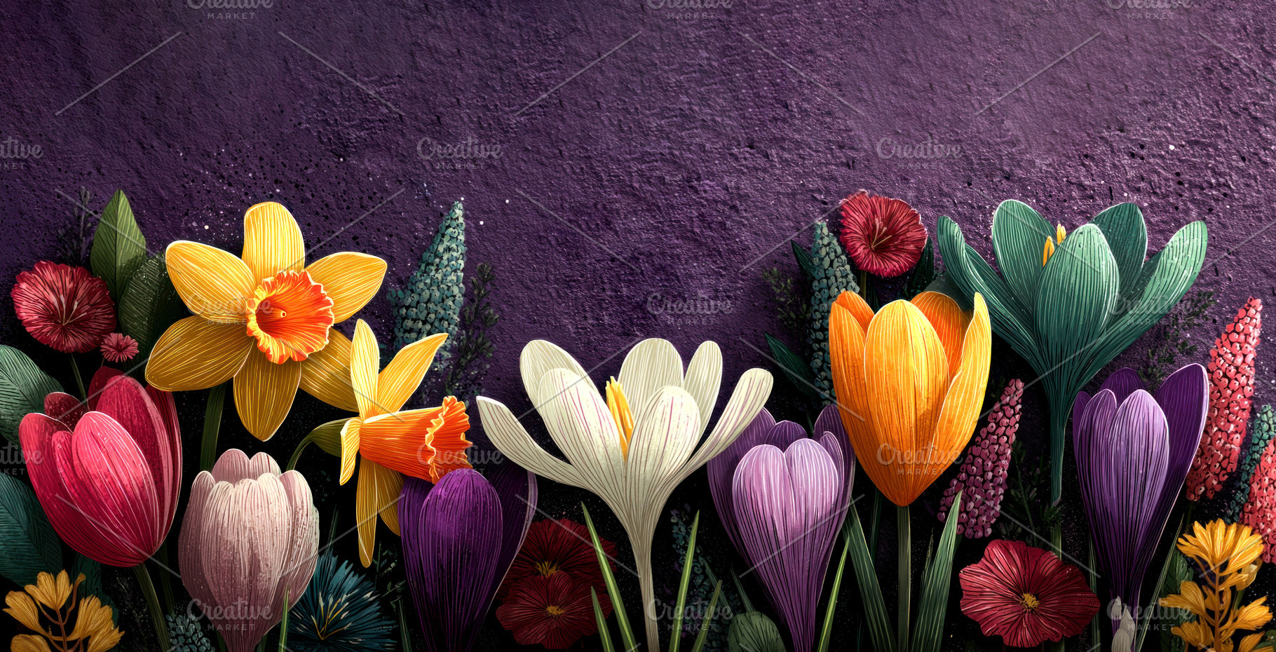 Vibrant Spring Flower Border with Daffodils Tulips Crocuses and, a Nature Photo by José Manuel Gelpi
