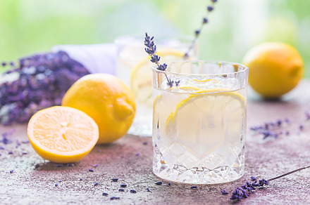 Lemonade with lemons and lavender containing cold, drink, and flower, a Food & Drink Photo by piter.goskov