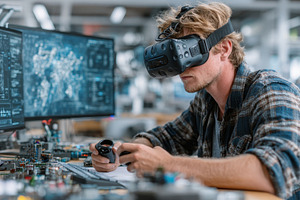 Young man using VR headset and contr, a Photo by Pixeness Studio