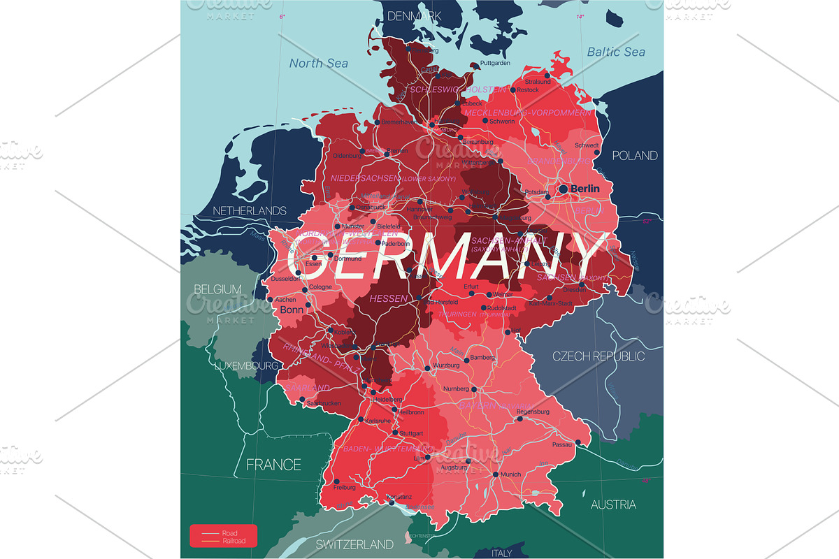 Germany country detailed editable, an Illustration by Jan Jack Russo Media