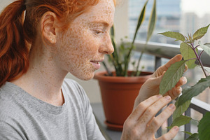 Person with freckles examining plant at home balcony, a Photo by DanFLCreativo