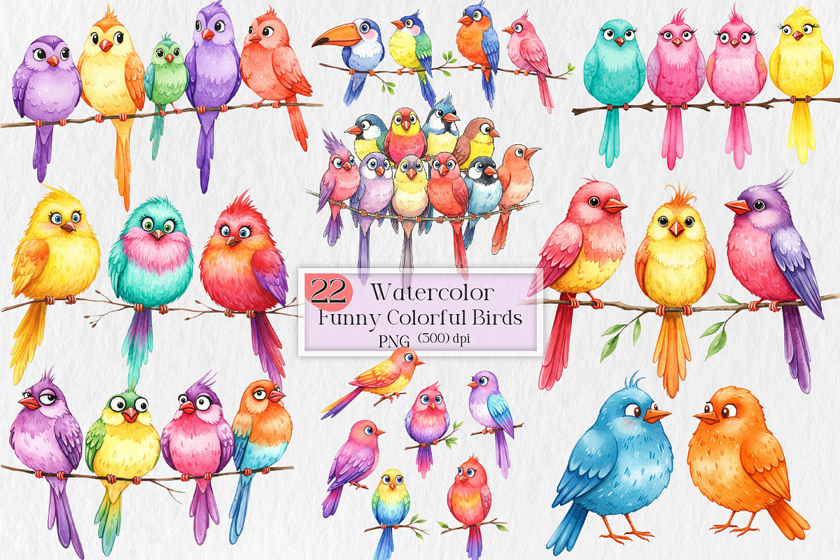 Funny Colorful Birds Watercolor Png, an Illustration by Creative Art (Photo 1 of 6)