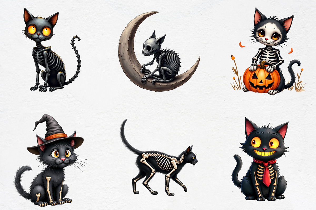 Watercolor Skeleton Black Cat Clipar, an Illustration by CrexoraLab (Photo 2 of 5)