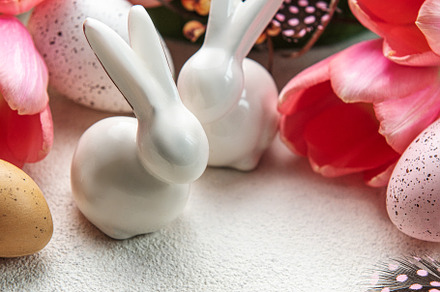 A bouquet of tulips, Easter bunnies and eggs., a Holiday Photo by Olena Rudo