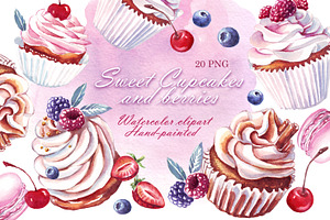 Watercolor cupcakes, berries, PNG