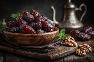 Delicious dates in a wooden bowl nut, a Background Photo by shahsoft