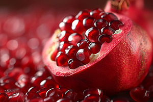 Close-up of a freshly cut pomegranate showcasing juicy red seeds, a Food & Drink Photo by ImageMir
