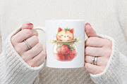 Strawberry Cat Sublimation Clipart, an Illustration by Watercolor design (Thumbnail 9 of 12)
