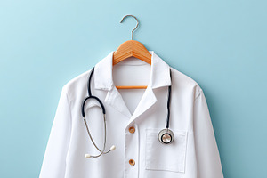 White lab coat displayed on a hanger with stethoscope on a blue background, a Health & Medical Photo by AlyaAnd
