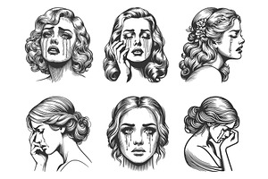 crying women engraving set vector, a Person Illustration by AlexArt