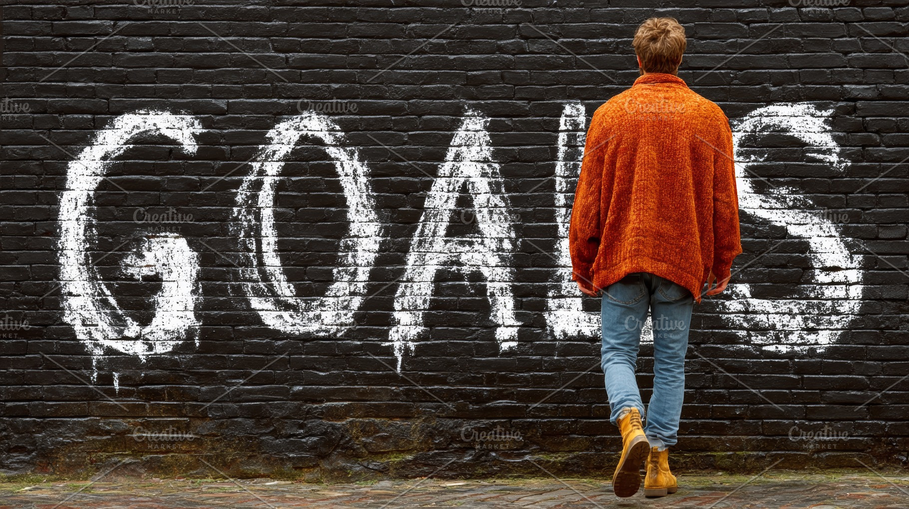 Person walking towards wall with word goals painted in white letters, a Photo by AS photostudio