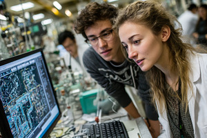 Young researchers analyzing data on a computer in a busy laboratory setting, an Industrial Photo by AS photostudio