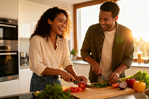 Joyful Couple Cooking Healthy Meal, a Person Photo by Virgo Studio