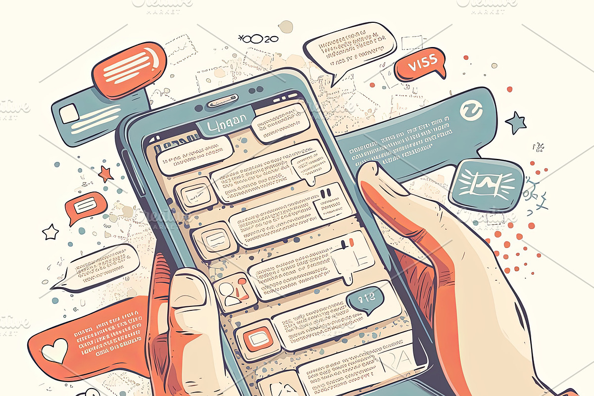 Person browsing messages on smartphone surrounded by colorful chat bubbles, an Illustration by AS photostudio