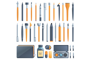 Calligraphy Tools Icons Set, Cartoon