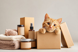 Cat lounging in a cardboard box surrounded by natural personal care products an, an Animal Photo by AlyaAnd