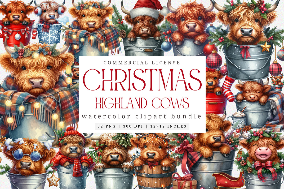 Christmas Highland Cows Clipart, an Illustration by SinaCreation (Photo 1 of 7)
