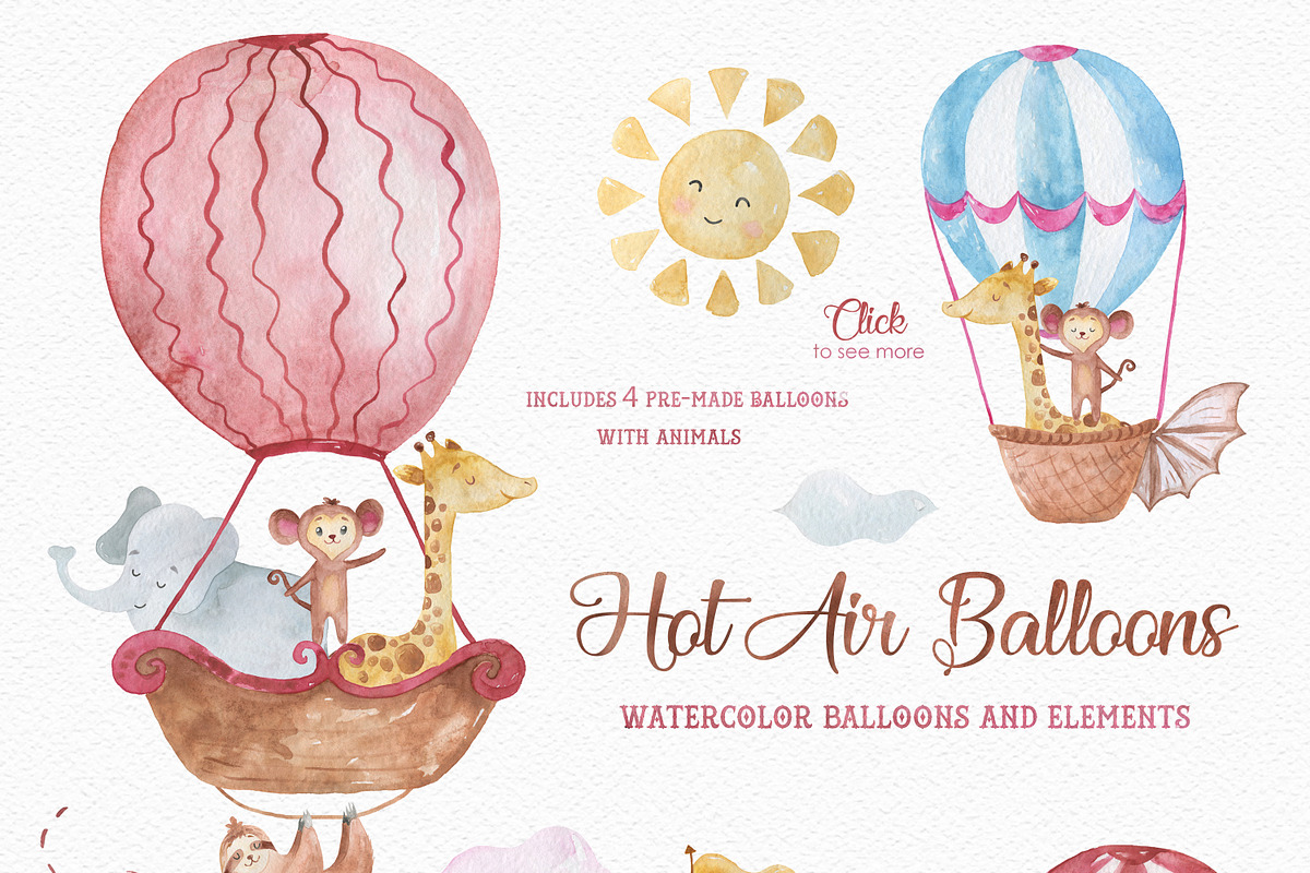 Hot Air Balloons Watercolor Clipart, an Animal Illustration by LeMagiqueBoutique (Photo 2 of 6)