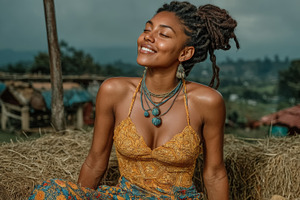 Smiling african american woman outdoors wearing bright clothing enjoying a peac, a Photo by AS photostudio